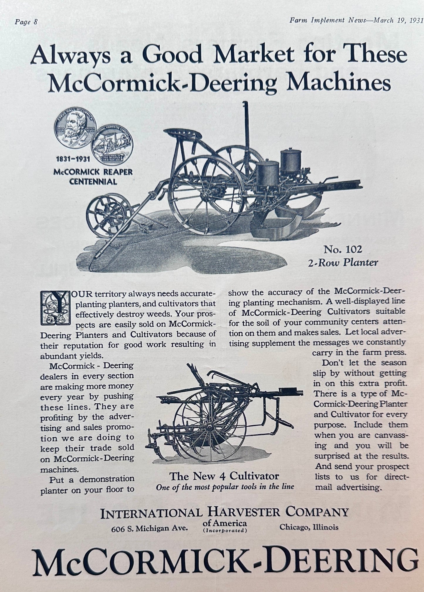 1931 Magazine Page with Dual Farm Ads McCormick-Deering & Minneapolis Moline #1380