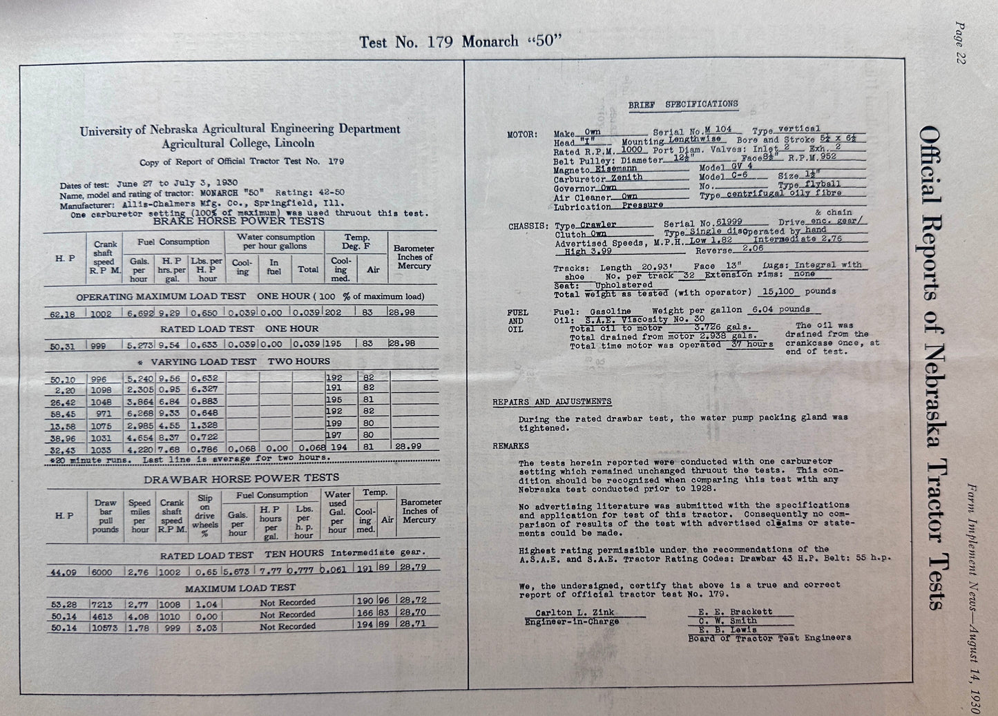1930 University of Nebraska Tractor Test Report #179 Allis-Chalmers Monarch "50" #1381
