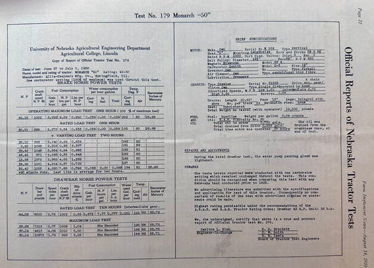 1930 University of Nebraska Tractor Test Report #179 Allis-Chalmers Monarch "50" #1381