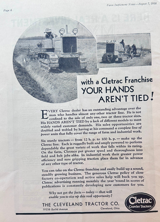 1930 Cletrac Franchise  Your Hands Aren't Tied!  Vintage Ad #1385