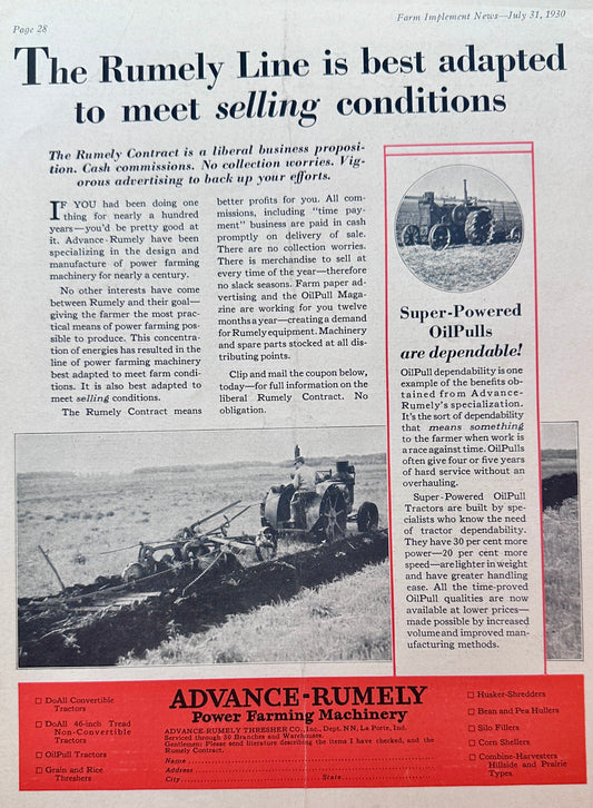 1930 Advance Rumely LaPorte, IN Best Adapted to Meet Selling Conditions Ad #1387