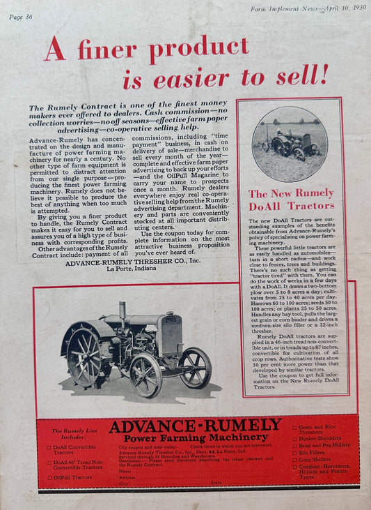 1930 Advance-Rumely DO-All Tractors - A Finer Product is Easier to Sell #1388