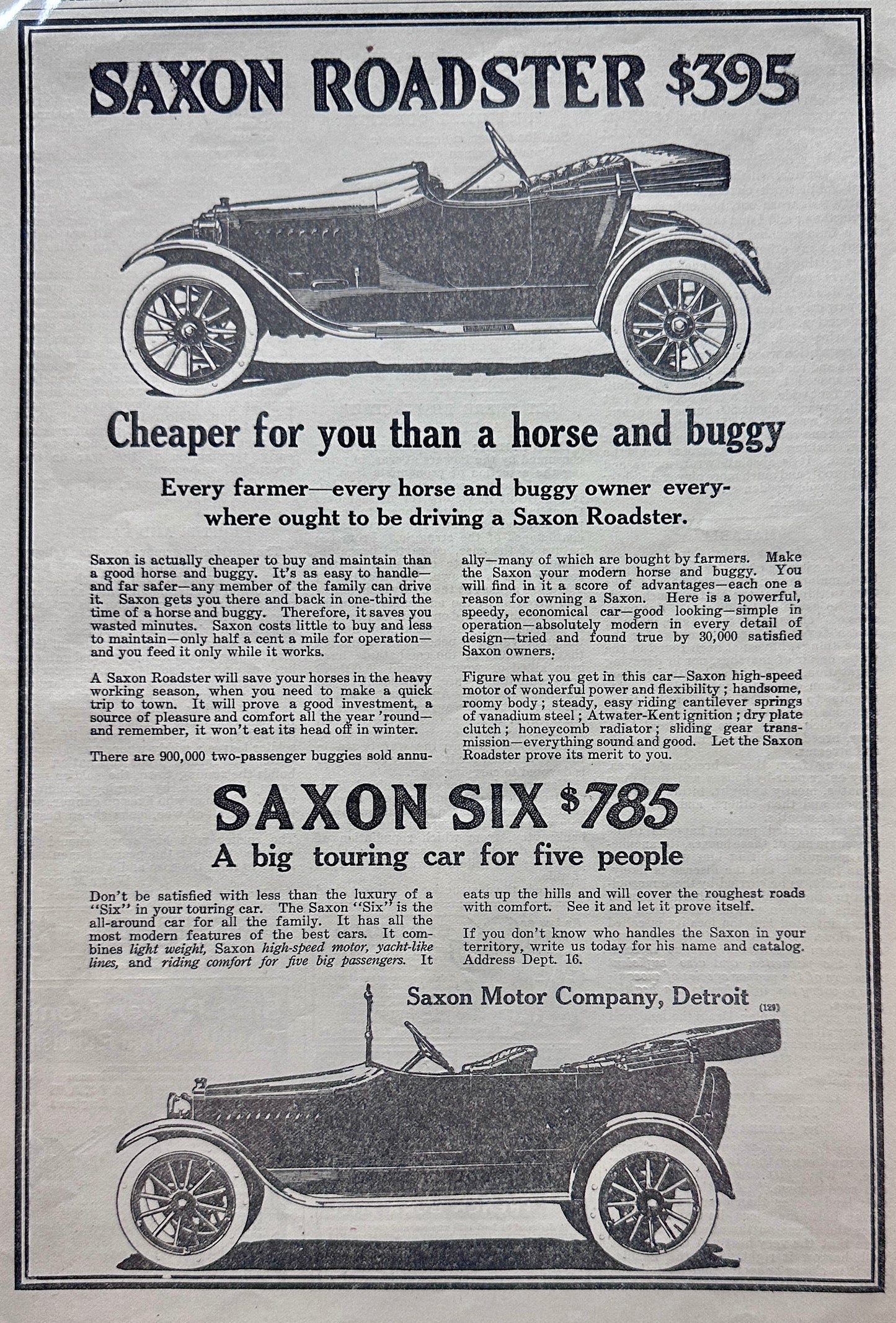 1915 Saxon Roadster $395 & Saxon SIX $785 Vintage Ad #1402