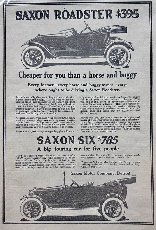 1915 Saxon Roadster $395 & Saxon SIX $785 Vintage Ad #1402