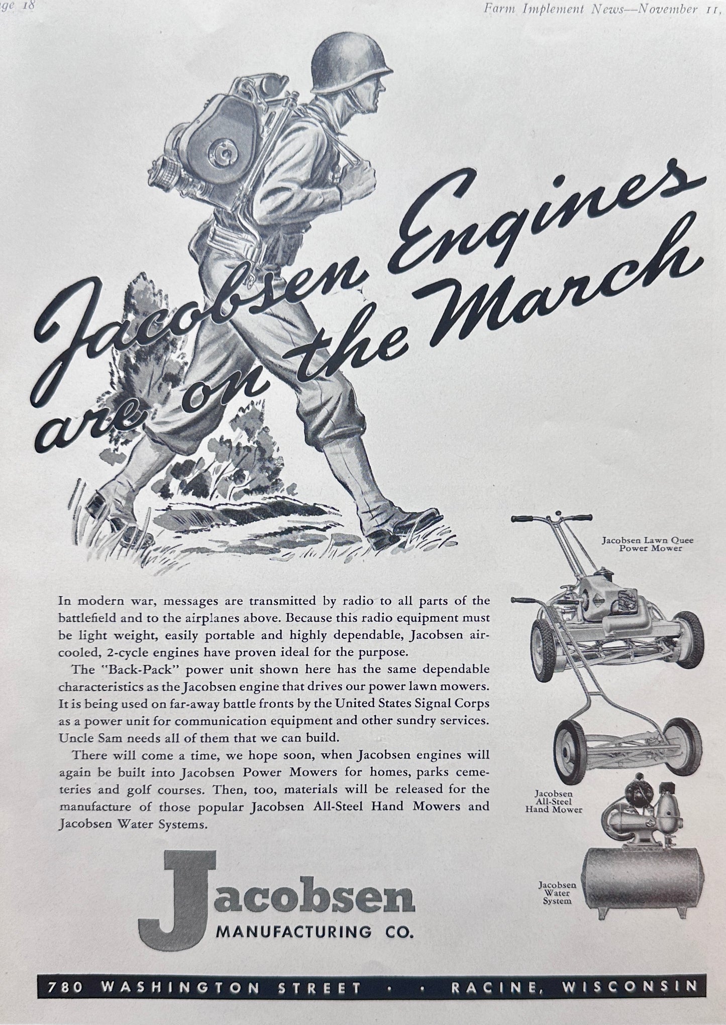 1943 WWII Era Jacobsen Engines Ad - Backpack - Mower -Ad #N965