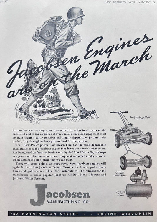 1943 WWII Era Jacobsen Engines Ad - Backpack - Mower -Ad #N965