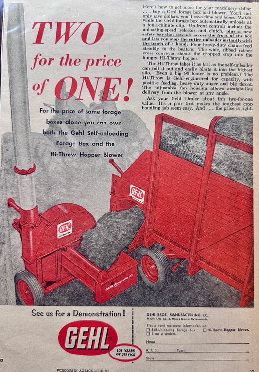 1963 Gehl Self-Unloading Forage Box and Hi-Throw Hopper Blower Ad #N967