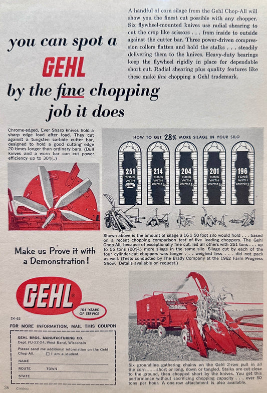 1963 Gehl Chop-All Flywheel Mounted KInives Vintage Ad N968