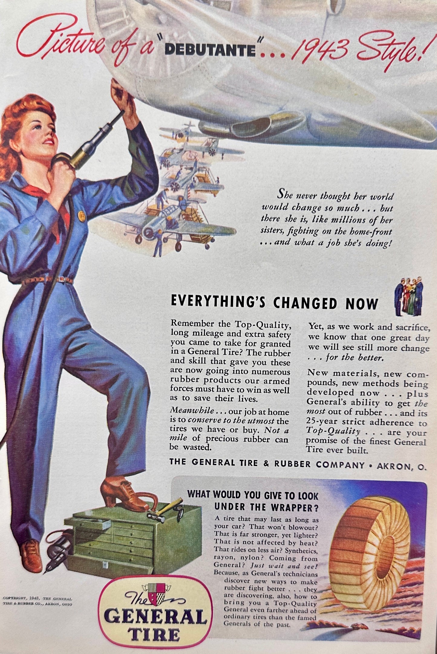 1945 General Tire "Rosie" Female Rivetor Hard at Work - Vintage Ad N980