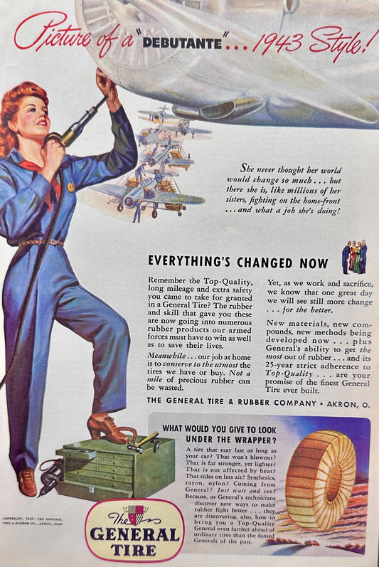 1945 General Tire "Rosie" Female Rivetor Hard at Work - Vintage Ad N980