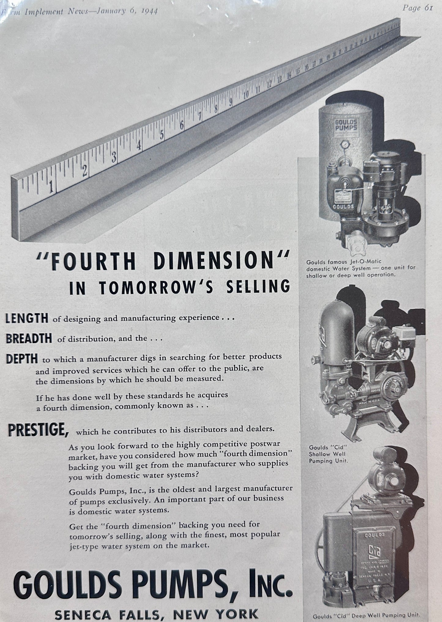 1944 Goulds Pumps Fourth Dimension in Tomorrow's Selling Ad #N988