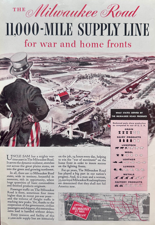 1943 The Milwaukee Road 11,000 Mile Supply Line Ad #N1002