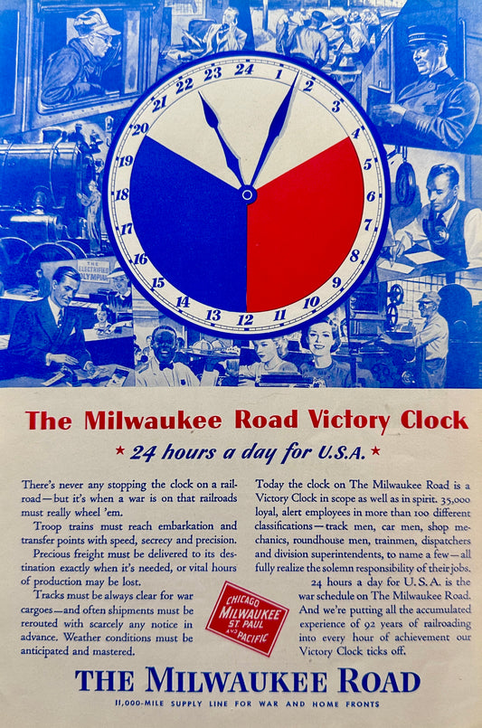 1943 The Milwaukee Road Victory Clock 24 Hrs a day for USA Ad #N1007