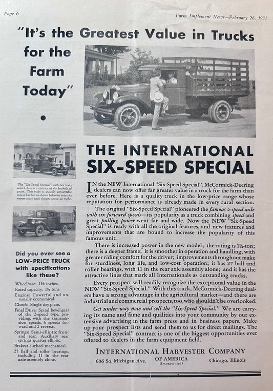 1931 International Six-Speed Special Farm Truck Ad #1421