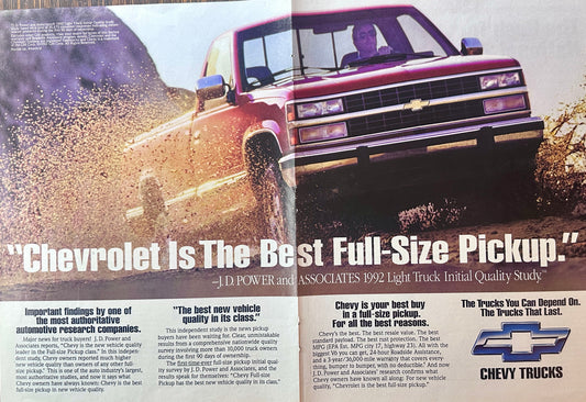 1992 Chevrolet 1500 Series Full Size Pickup Centerfold Ad #A329