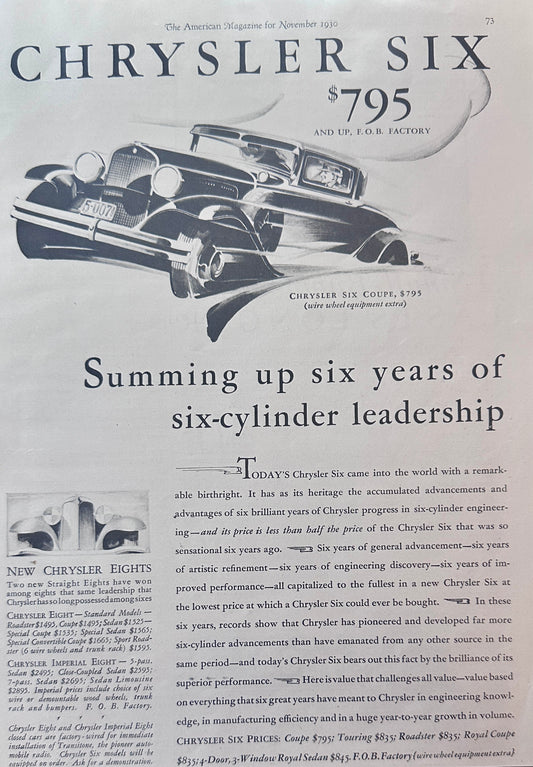 1930 Chrysler Six - Six Cylinder Leadership Ad #A327