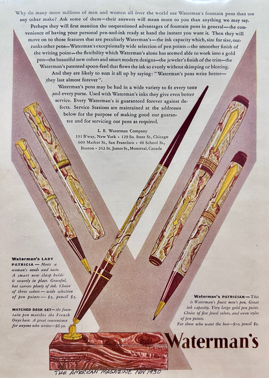 1930 Waterman's Lady Patricia & Patrician Pen Sets Ad #N1022