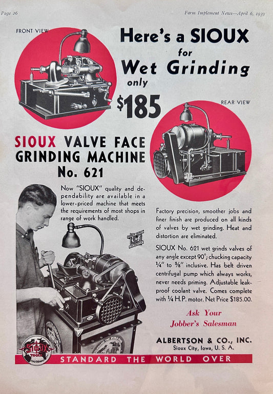 1939 SIOUX Valve Face Grinding Machine No. 621 Ad #1446
