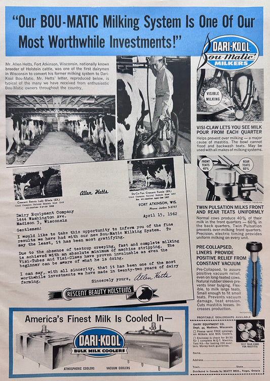 1962 Bou-Matic Milking System - Madison, WI Vintage Ad #1447