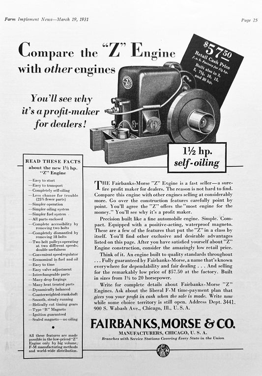 1931 Fairbanks Morse Co "Z" Engine 1.5 Hp Self-Oiling Ad #1455