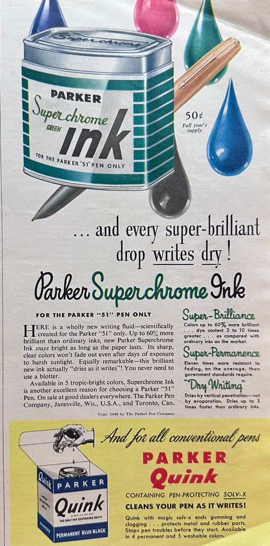 1948 Parker Quink - Super-Chrome Ink Vintage Ad #N1041