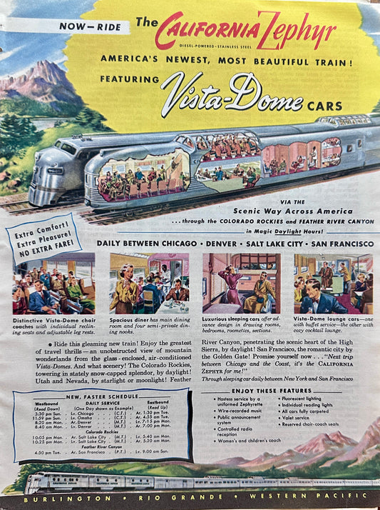 1949 California Zephyr America's Most Beautiful Train! Vintage Ad #N1040