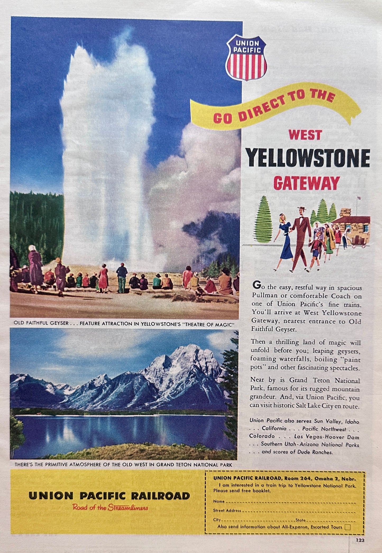 1949 Union Pacific Excursion to Yellostone & Old Faithful Ad #N1039