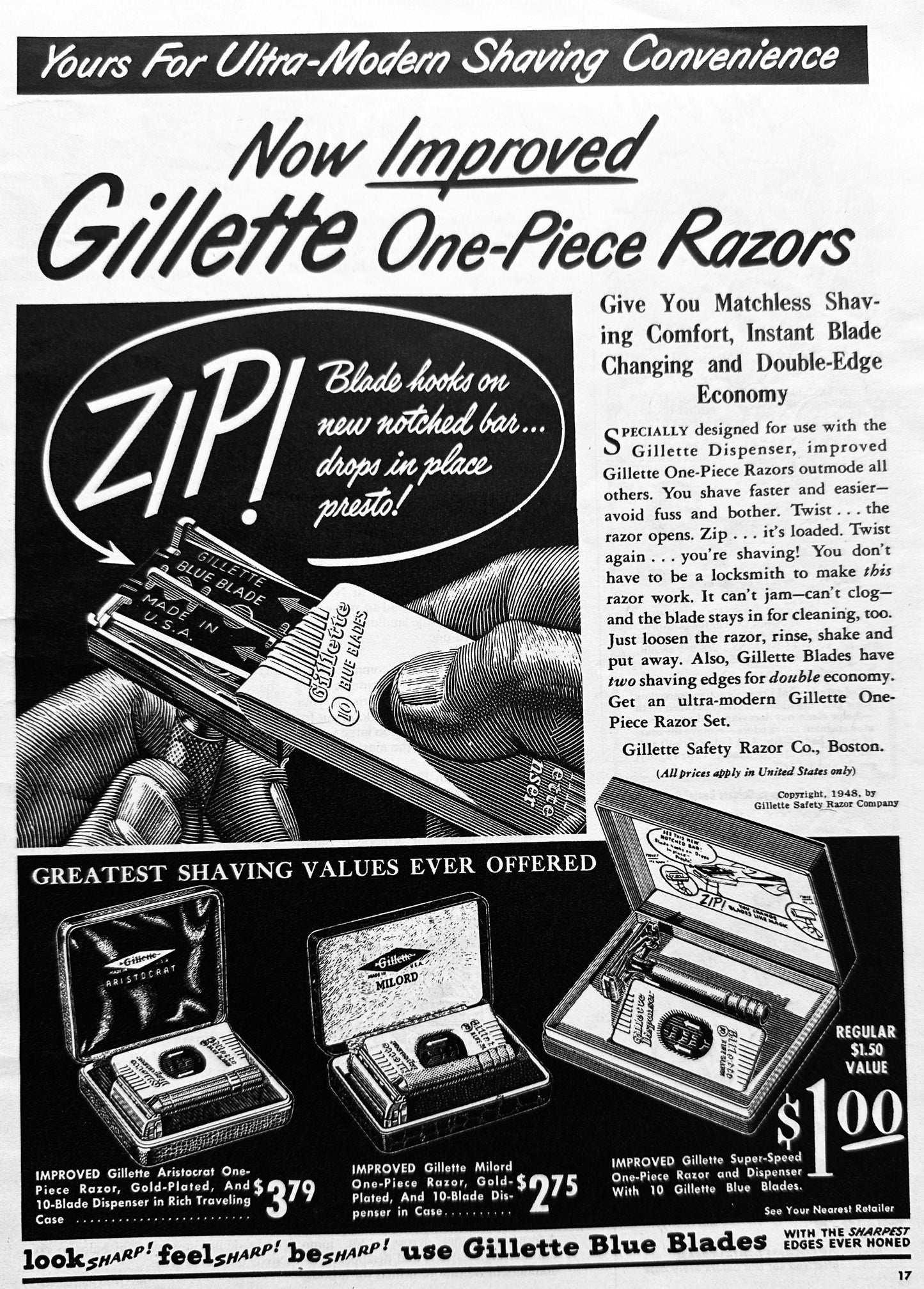 1948 Gillette Safety Razor, Dispenser and Gift Sets Ad #N1048