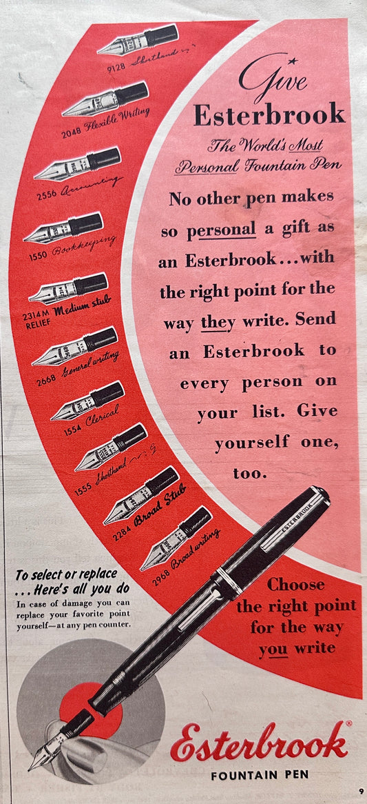 1948 Esterbrook Fountain Pens - 10 Internchangeable Nibs Ad #N1046