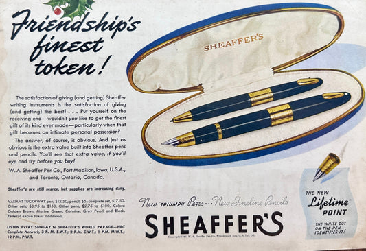 1945 Sheaffer's Triumph Pen Set - Friendships Finest Token Ad #N1045