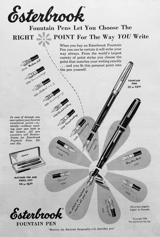 1950 Esterbrook Fountain Pen Showing 14 NIB Styles Vintage AD #N1047