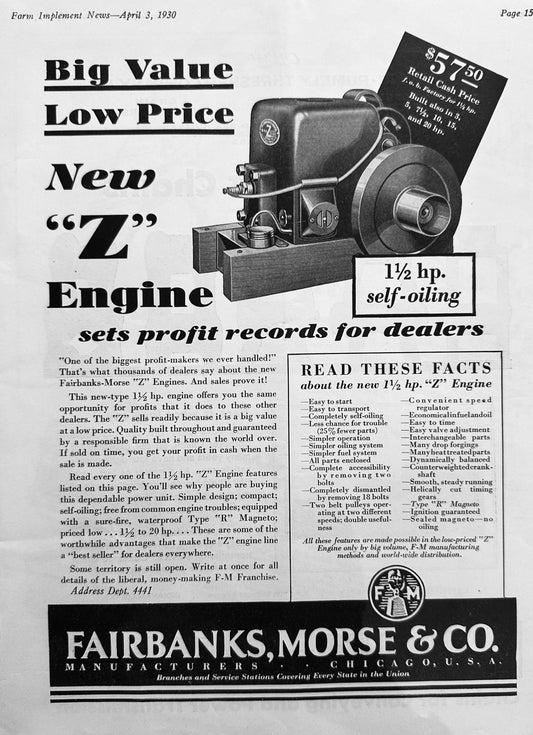 1930 Fairbanks Morse Co "Z" Engine 1.5 Hp Self-Oiling Ad #1456