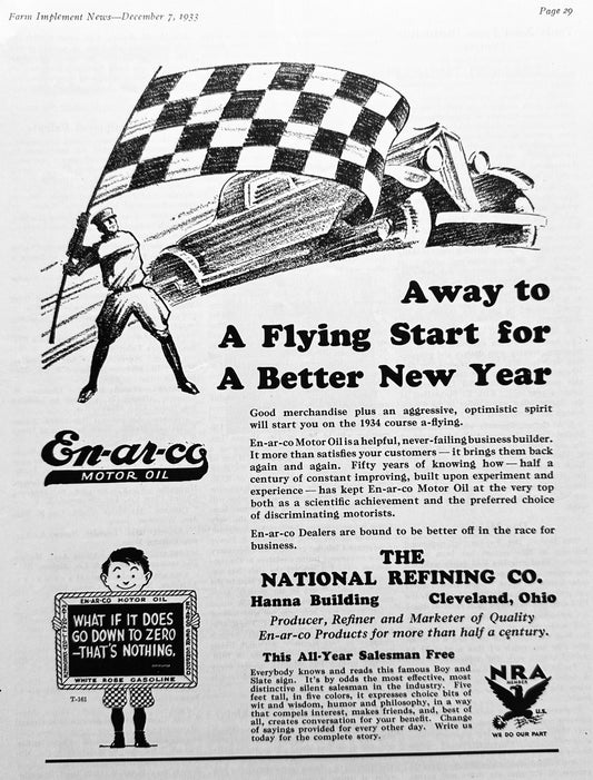 1933 En-Ar-Co Motor Oil National Refining Co Vintage AD #1452