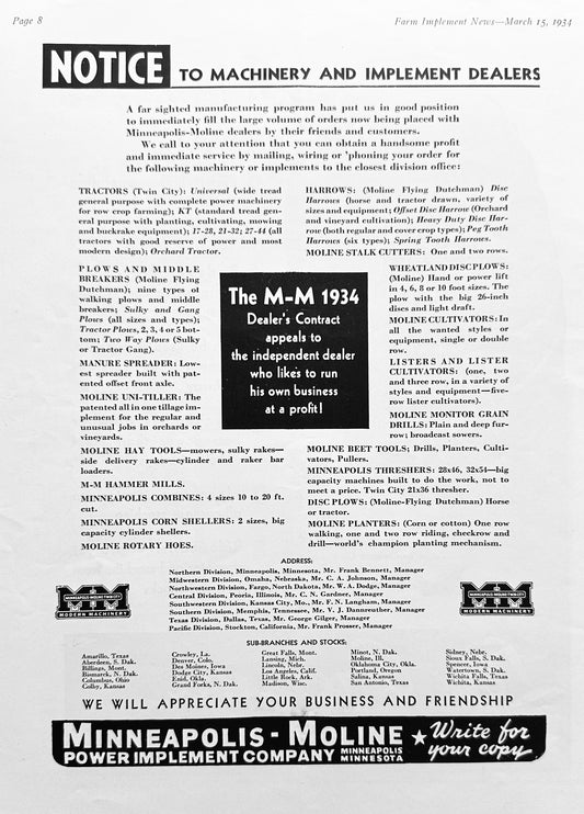1934 Notice to Machinery & Implement Dealers - Minneapolis Moline Ad #1457