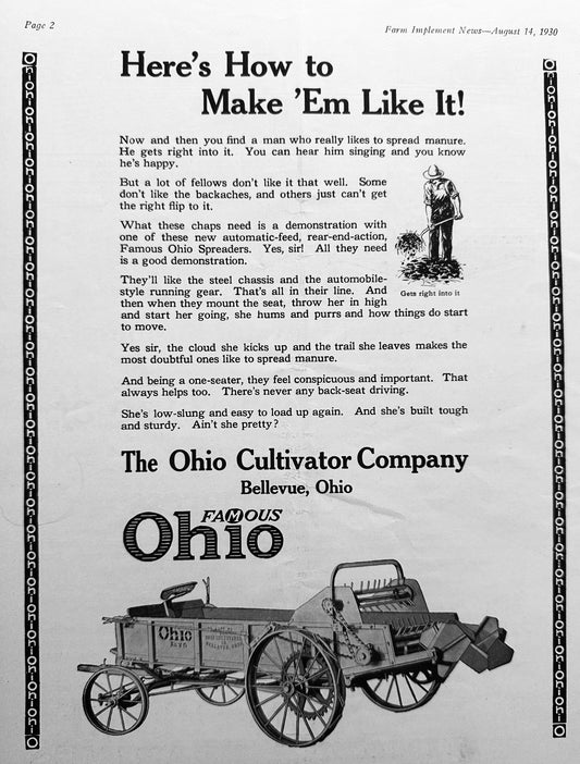 1930 Ohio Cultivator Humorous Manure Spreader Ad #1453