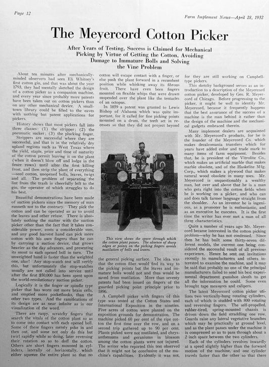 1932 Meyercord Cotton Picker Feature Article AD #1450