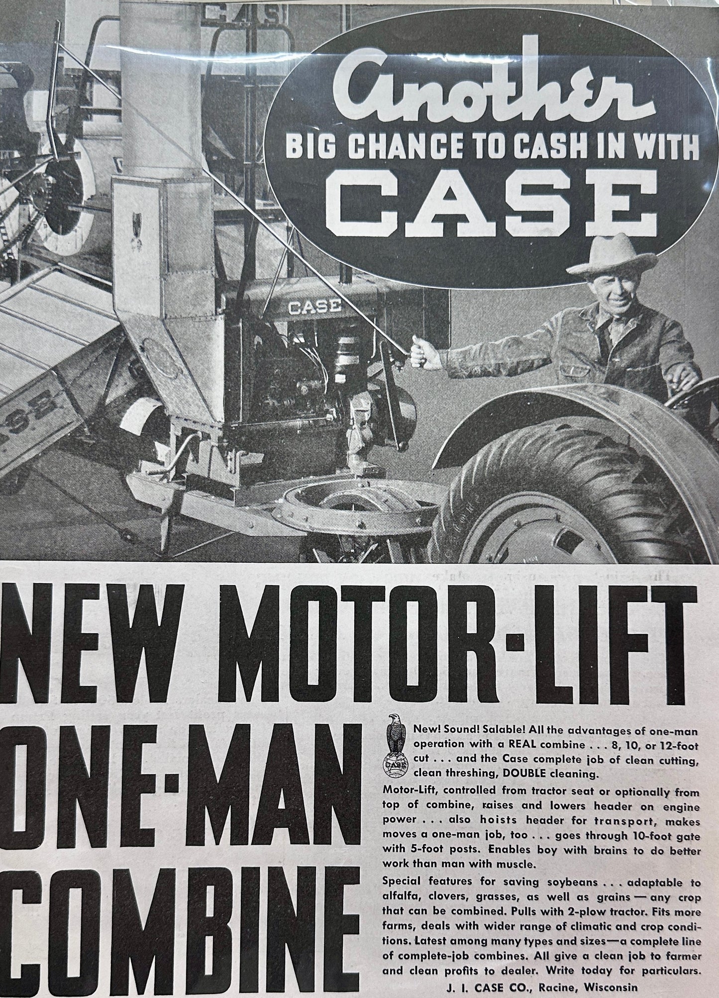 1937 Case One-Man Combine Origianl Ad #1460