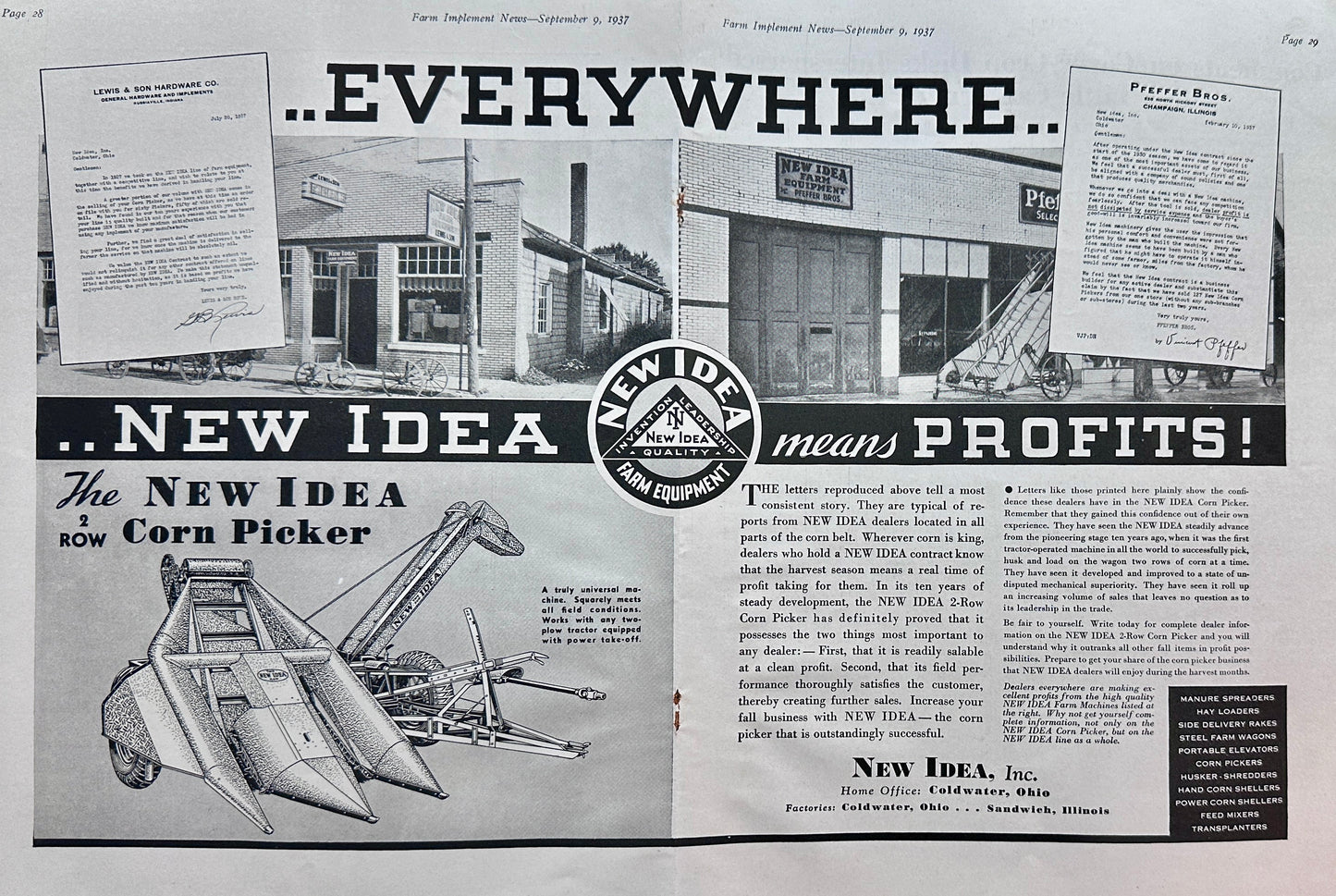 1937 Unique New Idea Dealership Centerfold Ad - Corn Pickers Ad #1465