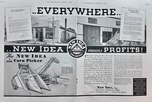 1937 Unique New Idea Dealership Centerfold Ad - Corn Pickers Ad #1465