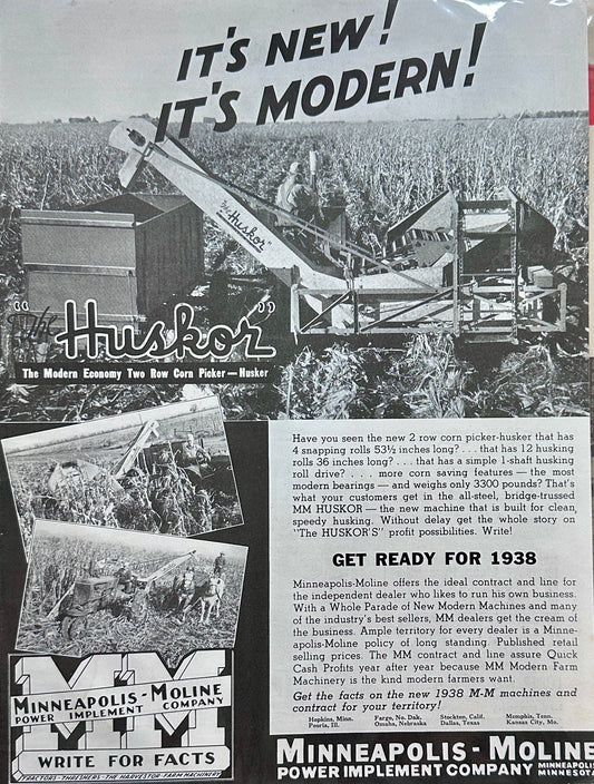 1938 Minneapolis- Moline "Huskor" 2-Row Corn Picker Ad #1466