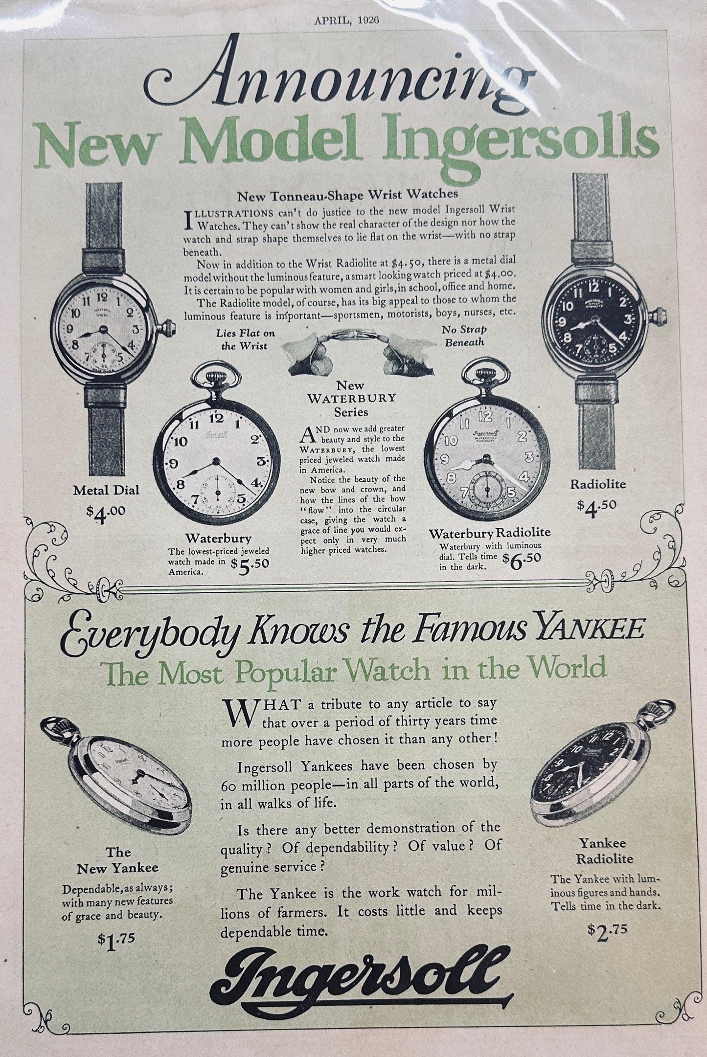 1926 Ingersoll Full Page Watch Ad 6 styles Shown Ad #1469