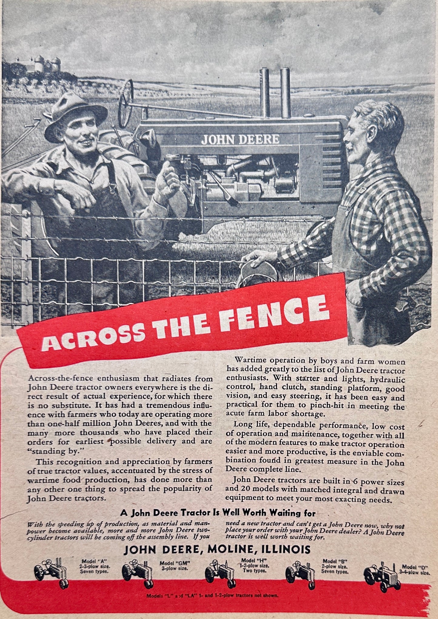 1945 WWII Era John Deere Tractor - Worth Waiting For - Ad #N1059