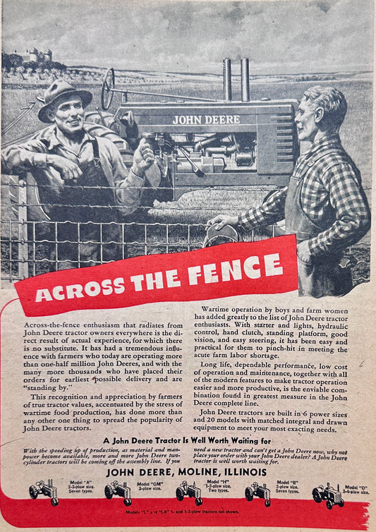 1945 WWII Era John Deere Tractor - Worth Waiting For - Ad #N1059