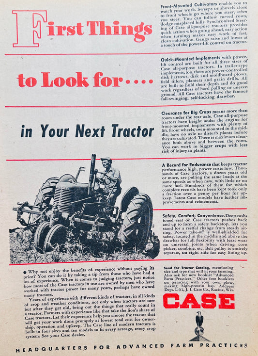 1945 WWII Era - Case Tractor First Things to Look For Ad # N1060