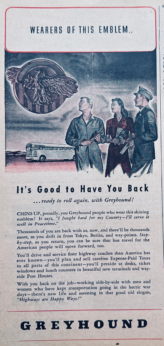1945 Greyhound Bus Line Awards Employees Service Emblems Ad #N1063