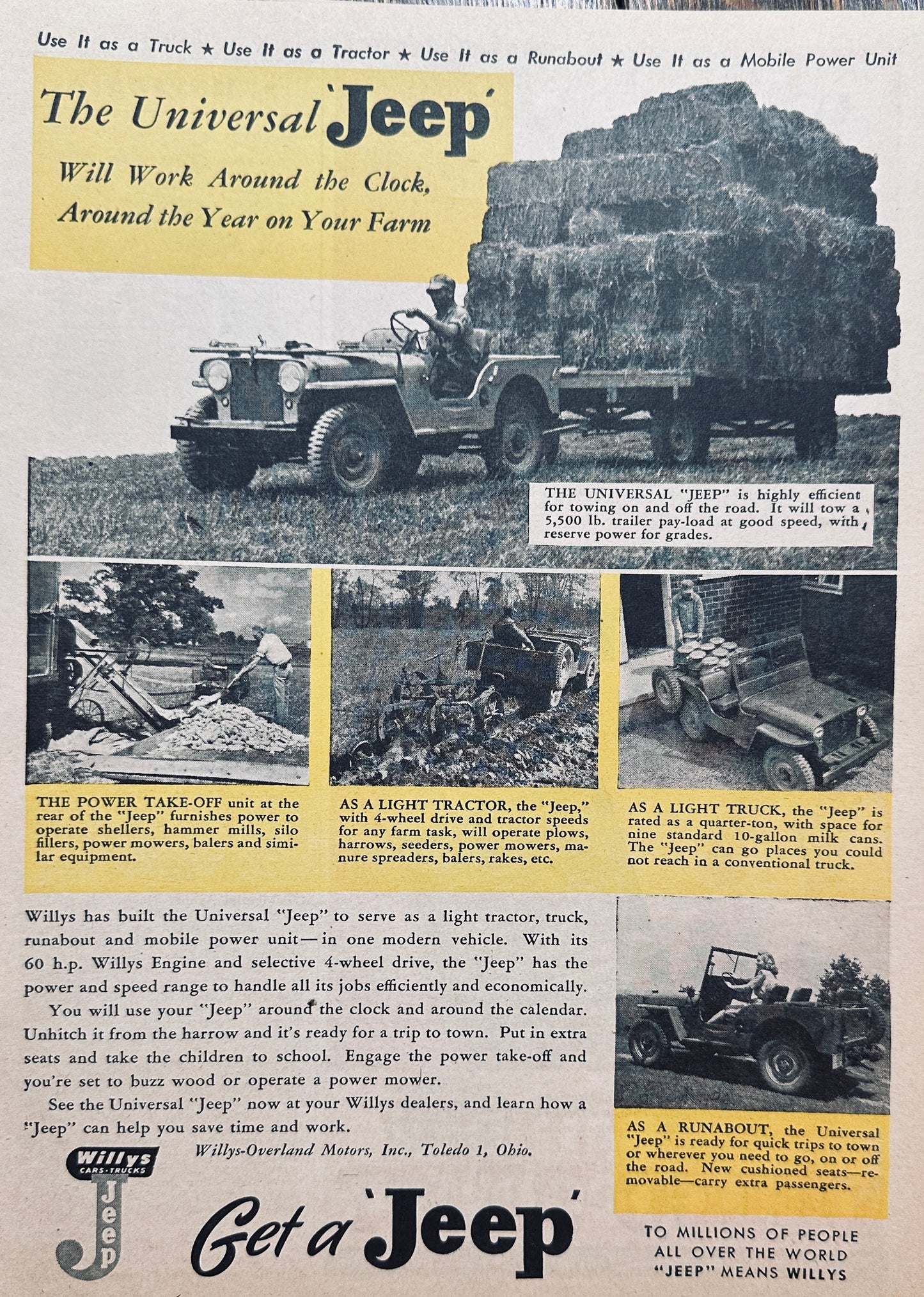 1945 Willy's Universal Jeep Down on The Farm Post WWII Ad#N1070