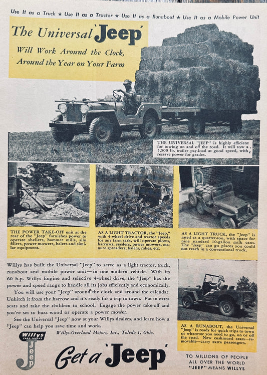 1945 Willy's Universal Jeep Down on The Farm Post WWII Ad#N1070