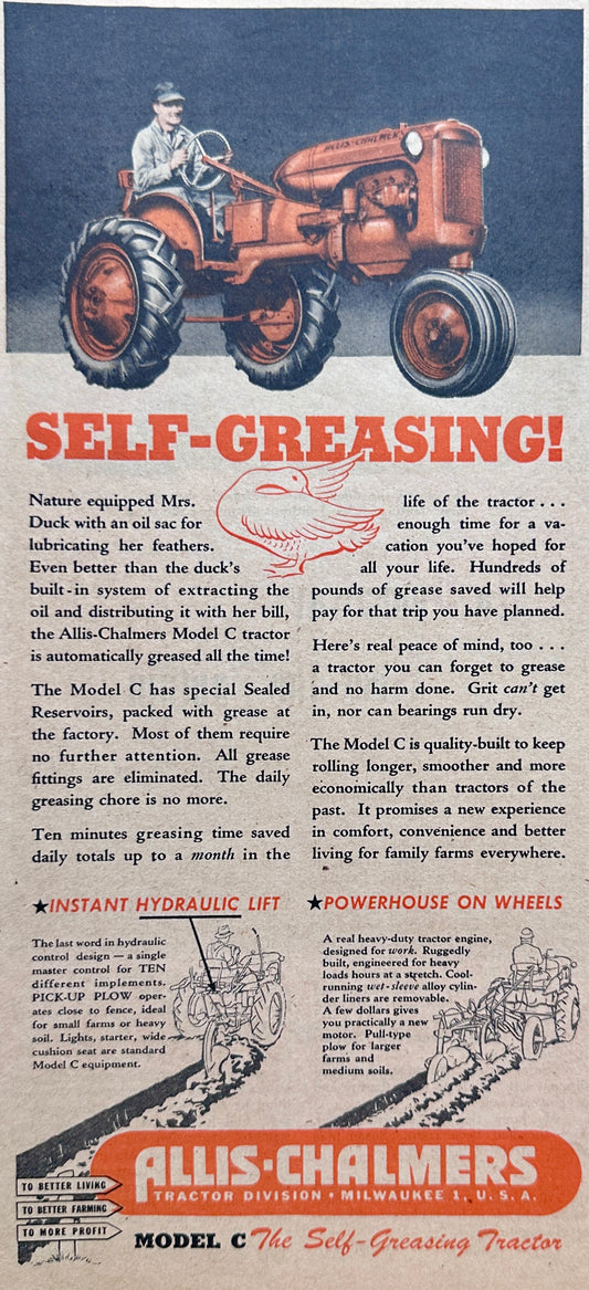 1945 Allis-Chalmers Self-Greasing Model C Tractor Vintage Ad #N1077