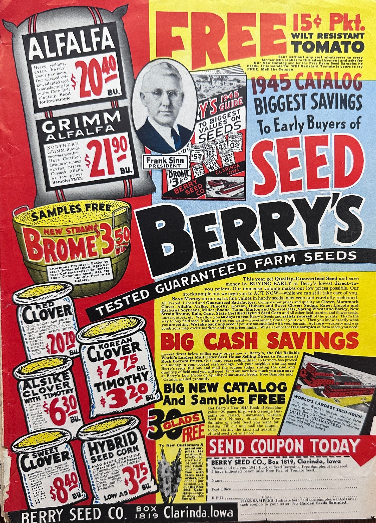 1945 Berry's Seed Alfalfa - Clover Clarinda, Iowa Vintage Ad #1472
