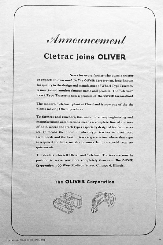 1945 Public Announcement Vintage Ad - Cletrac Joins Oliver Ad #1474